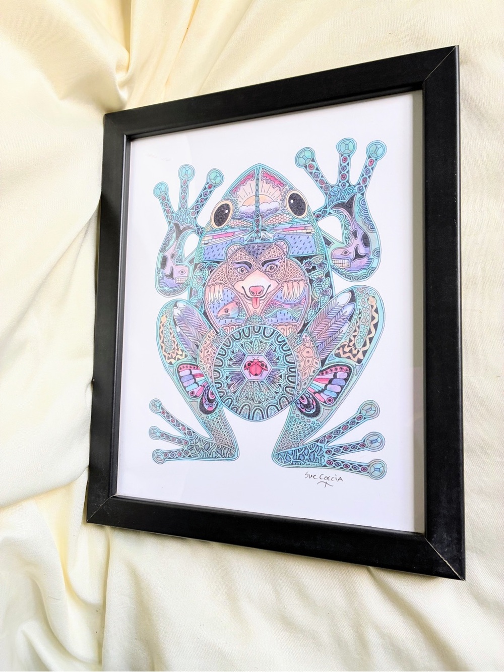 Drawing with Signature Sue COCCIA Frog PRINT Framed